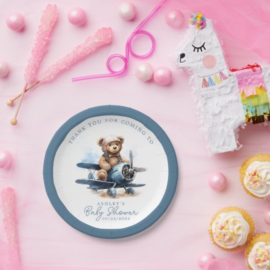 Teddy Bear Vliegtuig Waterverf Boy Baby shower Papieren Bordje (Feest)