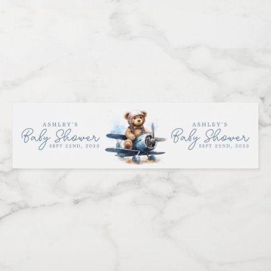 Teddy Bear Vliegtuig Waterverf Boy Baby shower Waterfles Etiket (Enkel label)