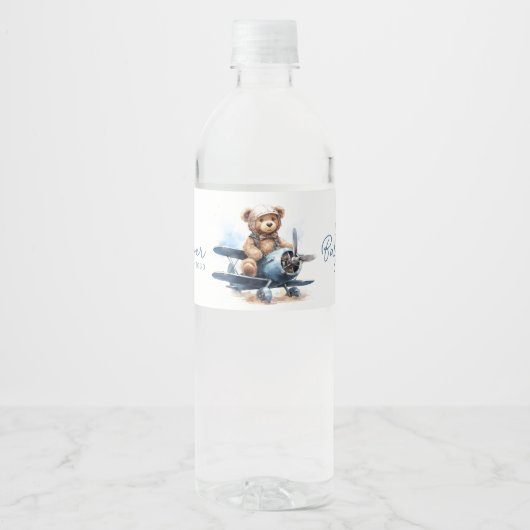 Teddy Bear Vliegtuig Waterverf Boy Baby shower Waterfles Etiket (Voorkant)