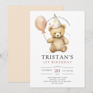 Teddy Bear Waterverf Jongen 1e Verjaardag Kaart