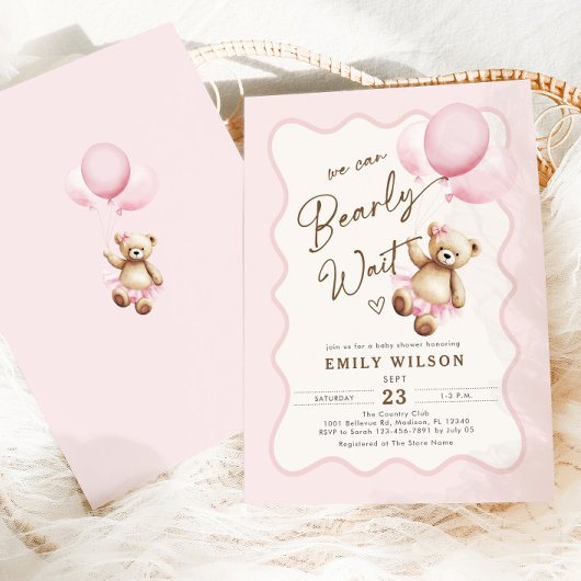 Teddy Bear We Can Bearly Wait Baby Girl Shower Kaart