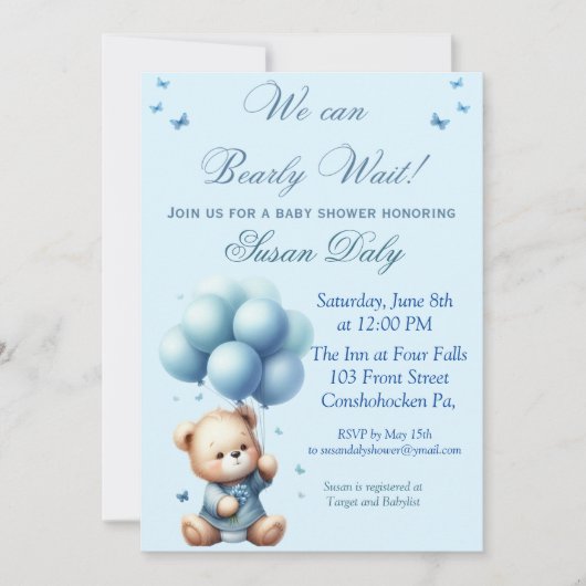 Teddy Bear with balloons baby shower invitation (Devant)