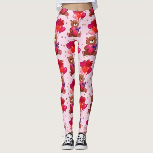 Teddy Bear With Heart Balloons Pattern Leggings (Voorkant)