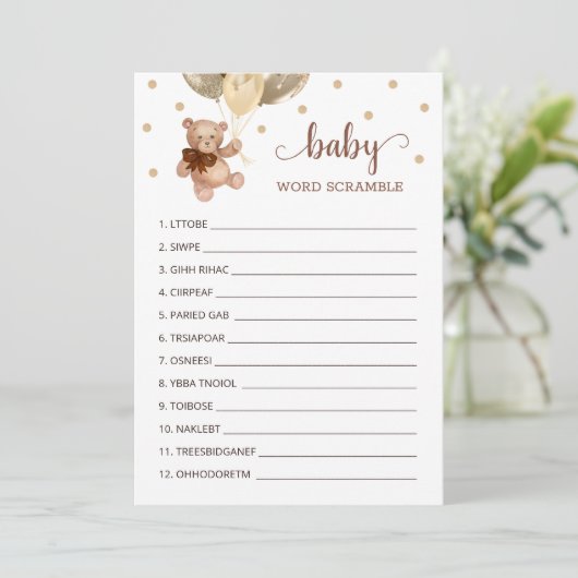 Teddy Bear Word Scramble Baby shower Carte de jeu (Debout devant)
