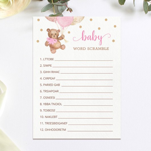 Teddy Bear Word Scramble Baby shower Carte de jeu