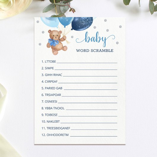 Teddy Bear Word Scramble Baby shower Carte de jeu