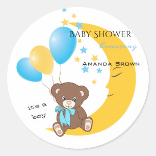 Teddy Bear zit op de maan   Baby Boy Shower Ronde Sticker