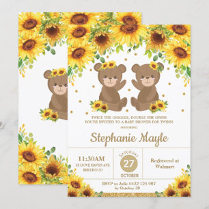 Teddy Bear Zonnebloem Bloemen Baby Shower Tweeling Kaart