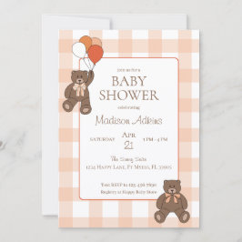 Teddy Bears Baby Shower Balloons Bows Orange Plaid Kaart