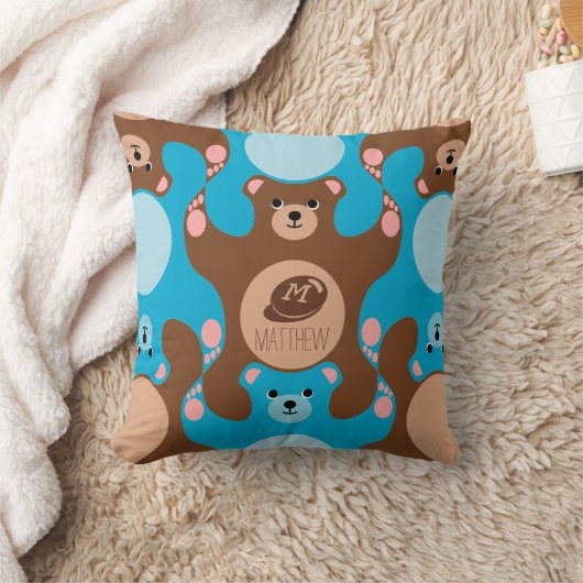 Teddy Bears brown blauw Monogram Kind Square Pillo Kussen (Deken)