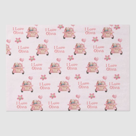 Teddy Bears in Love Driving a Auto - Personalized Tissuepapier (Voorkant)