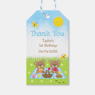 Teddy Bears Picnic Birthday Blue Gingham Dank je Cadeaulabel