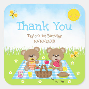 Teddy Bears Picnic Birthday Blue Gingham Dank je Vierkante Sticker