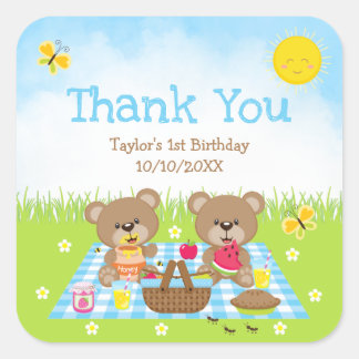 Teddy Bears Picnic Birthday Blue Gingham Dank je Vierkante Sticker