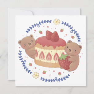 Teddy Bears & Strawberry Cake Illustratie Kaart