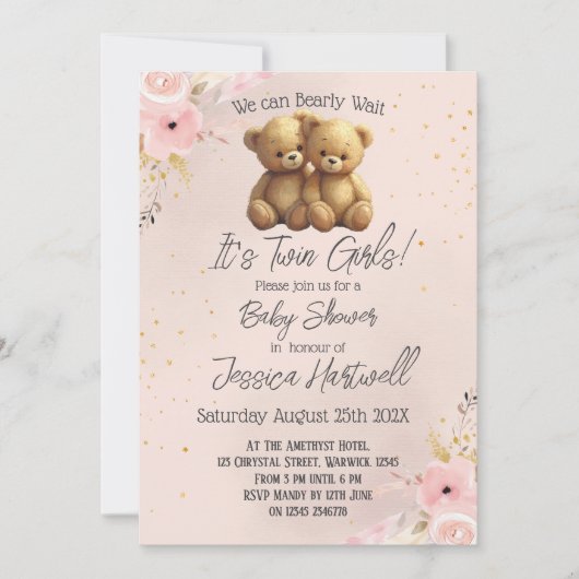 Teddy Bears Twin Girls Baby Shower Invitation (Devant)