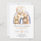 Teddy Bears Twins 1e verjaardag Waterverf Kaart (Voorkant)