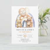 Teddy Bears Twins 1e verjaardag Waterverf Kaart (Staand voorkant)