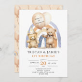 Teddy Bears Twins 1e verjaardag Waterverf Kaart (Voorkant / Achterkant)