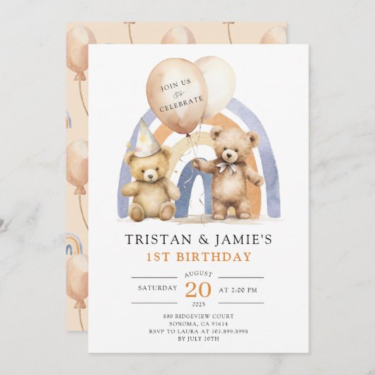 Teddy Bears Twins 1e verjaardag Waterverf Kaart (Voorkant / Achterkant)