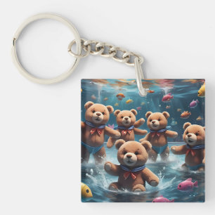 Teddy Bears Zwemmen in een zwembad van vis Sleutelhanger