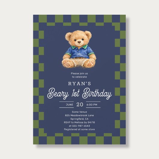Teddy Beary 1st Birthday Checkboard Blue Green Kaart