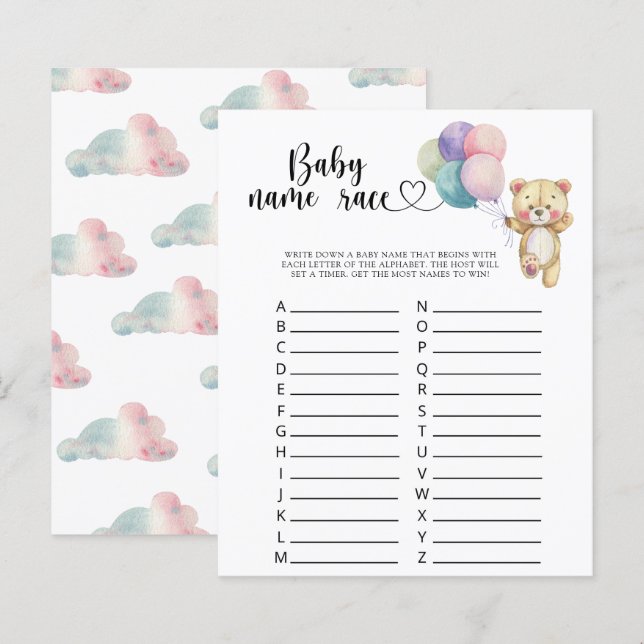 Teddy beer ballonnen - Baby naam race spel (Voorkant / Achterkant)