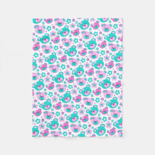 Teddy beer bloemen roze aqua blanket fleece deken (Voorkant)