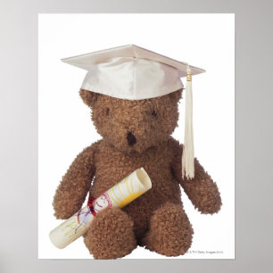 Teddy beer draagt een mortierbord met krayon poster