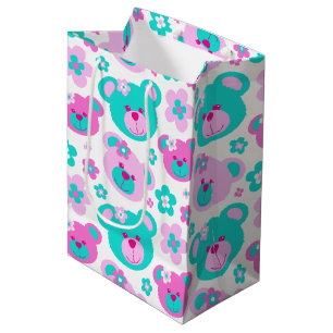 Teddy-beer en bloemen roze watje witte cadeazak medium cadeauzakje