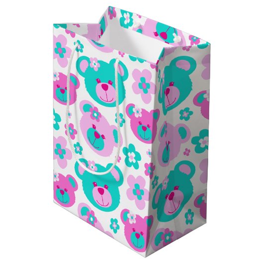 Teddy-beer en bloemen roze watje witte cadeazak medium cadeauzakje (Achterkant Gekanteld)