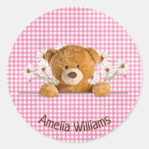 teddy beer en daisies op gingham ronde sticker