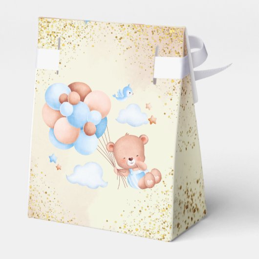 Teddy beer met bruine en blauwe ballonnen en wolke bedankdoosjes (Achterkant)