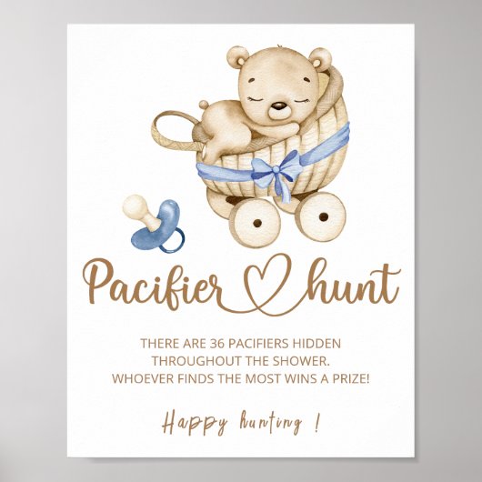 Teddy beer Pacifier jaag baby shower game poster (Voorkant)