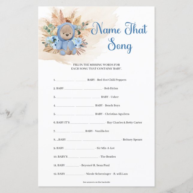 Teddy beer pampas blue floral Name that Song (Voorkant)