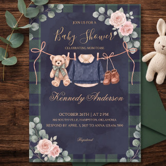 Teddy Beer Plaid Babyshower Uitnodiging