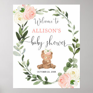 Teddy beer roze floral baby shower welkomstteken poster