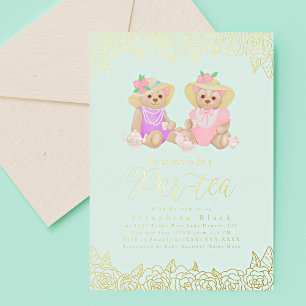 Teddy Beer Thee Feestje Mint Goud Baby Shower Foli Folie Uitnodiging