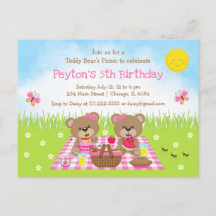 Teddy Beer Verjaardagsfeestje Roze Gingham Briefkaart