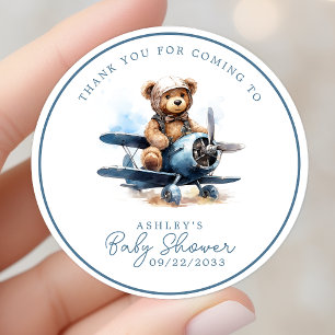 Teddy Beer Vliegtuig Aquarel Baby Bedankt Ronde Sticker