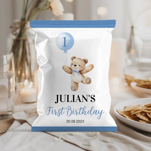 Teddy Blue Balloon Beary Verjaardag Chip Bag Wrapp Flyer