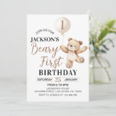 Teddy Brown Balloon Beary eerste verjaardag Kaart (Staand voorkant)