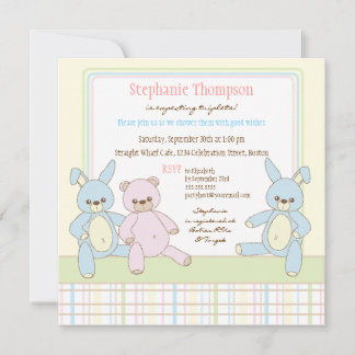 Teddy & Bunny Triplets Baby shower Invitation