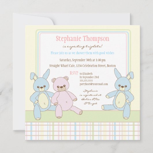 Teddy & Bunny Triplets Baby shower Invitation Kaart (Voorkant)