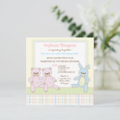 Teddy & Bunny Triplets Baby shower Invitation Kaart (Staand voorkant)