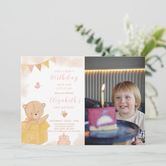 Teddy in Box Verjaardagsuitnodiging met foto Kaart (Staand voorkant)