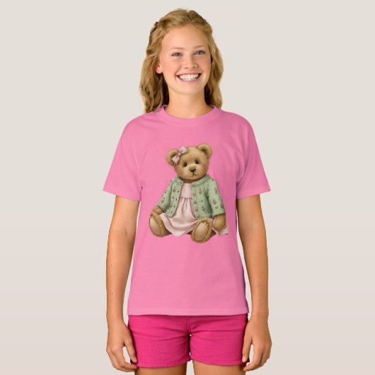 Teddy in een roze jurk en groen vest t-shirt (Voorkant volledig)