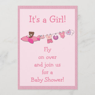 Teddy in Plane & Clothesline Pink Girl Baby shower Kaart