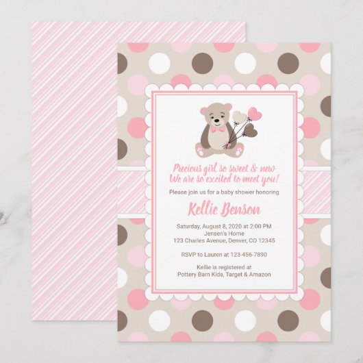 Teddy ours baby shower Invitation fille rose brun (Devant / Derrière)