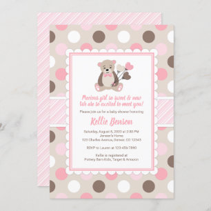 Teddy ours baby shower Invitation fille rose brun